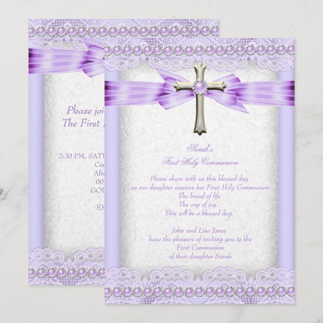 Invitación Chicas Primero Lavanda Cruzada Bonito de la Santa  (Anverso / Reverso)