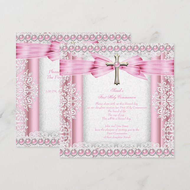 Invitación Chicas Primero Santa Comunión Cruza Bonito Rosa (Anverso / Reverso)