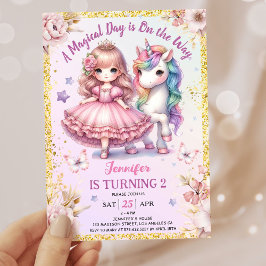 Invitación Chicas Princesa Unicornio 2º cumpleaños Oro Rosa