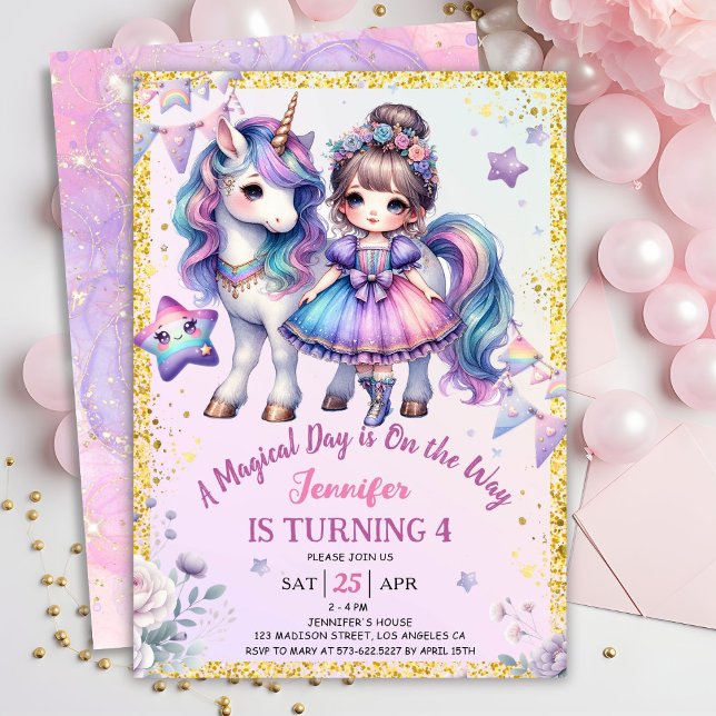 Invitación Chicas Princesa Unicornio 4º cumpleaños Oro Púrpur (Subido por el creador)