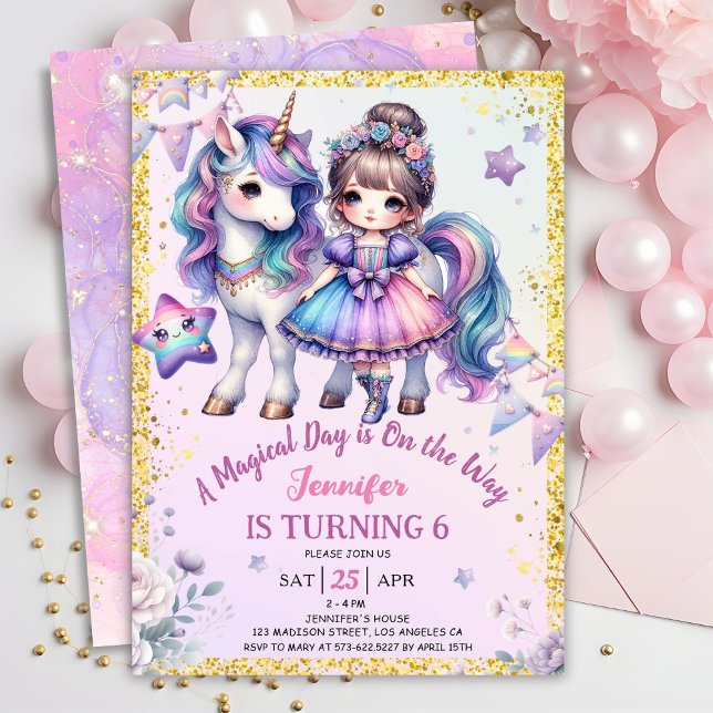 Invitación Chicas Princesa Unicornio 6º cumpleaños Oro Púrpur (Subido por el creador)