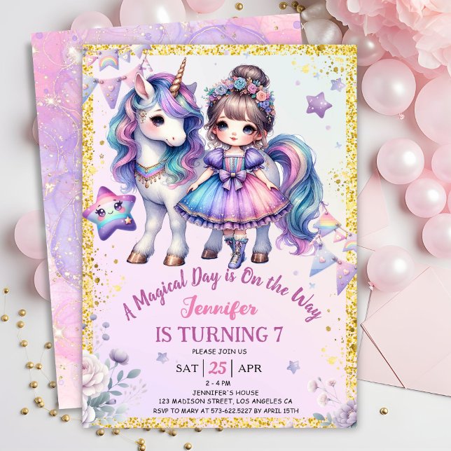Invitación Chicas Princesa Unicornio 7 cumpleaños Oro Púrpura (Subido por el creador)