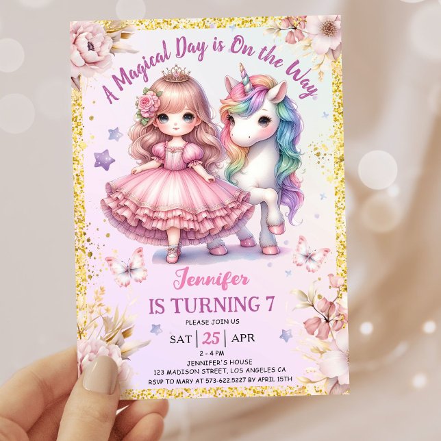 Invitación Chicas Princesa Unicornio 7 cumpleaños Oro Rosado (Subido por el creador)
