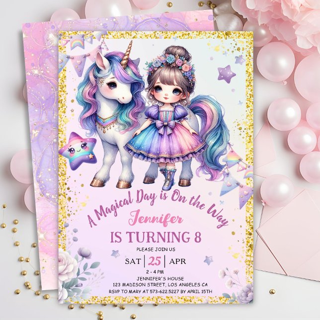 Invitación Chicas Princesa Unicornio 8 cumpleaños Oro púrpura (Subido por el creador)