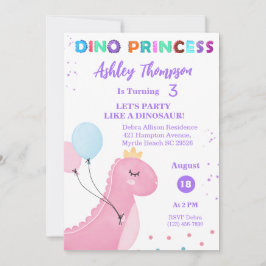 Invitación Chicas Princesas de Dinosaurios Rosados TRex fiest