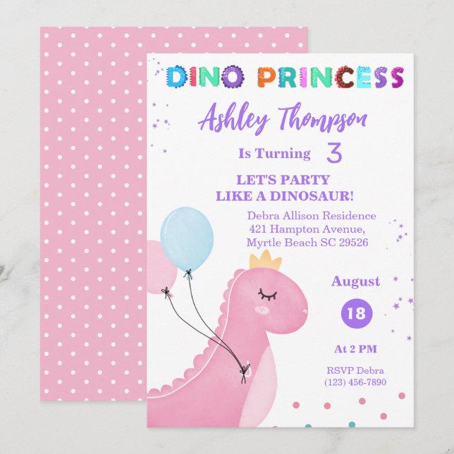 Invitación Chicas Princesas de Dinosaurios Rosados TRex fiest (Anverso / Reverso)
