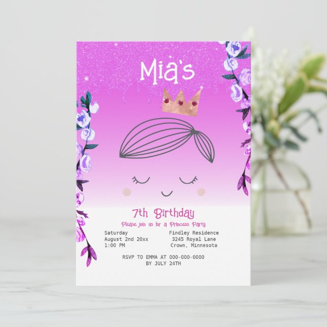 Invitación Chicas Princesas Purpurinas rosados brillantes Cum (Anverso de pie)