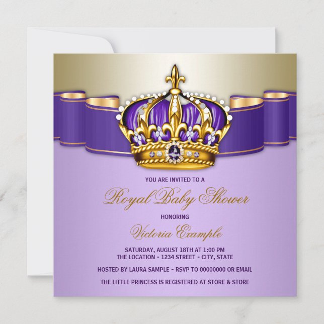 Invitación Chicas Purple Gold Royal Baby Shower (Anverso)