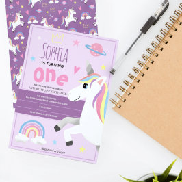 Invitación Chicas Purple Rainbow Unicorn Niños primer cumplea