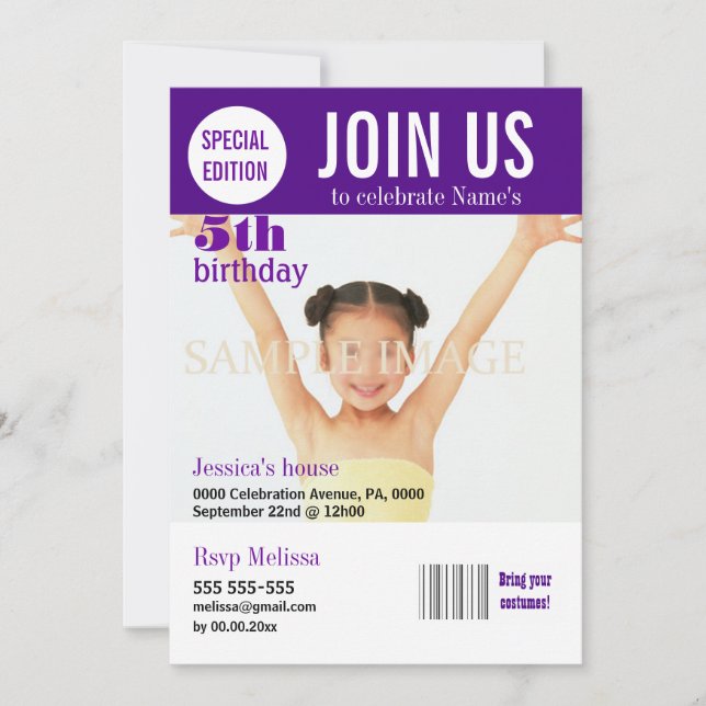 Invitación chicas púrpura de 5 años PERSONALIZAR (Anverso)