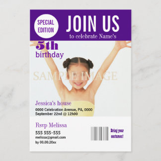 Invitación chicas púrpura de 5 años PERSONALIZAR