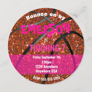 Invitación Chicas Purpurina baloncesto cumpleaños, baloncesto