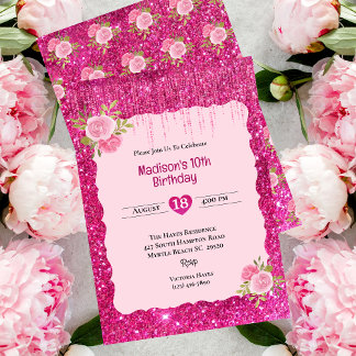 Invitación Chicas Purpurina rosado Floral 10 cumpleaños