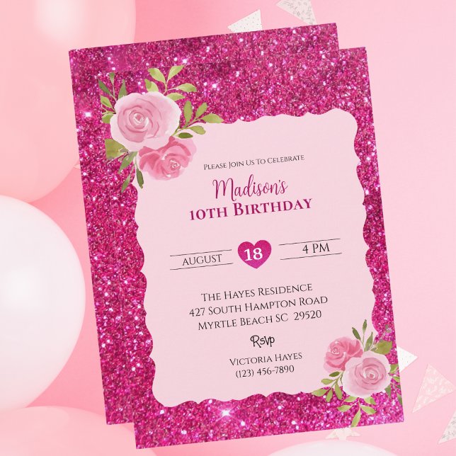 Invitación Chicas Purpurina rosado Floral 10 cumpleaños (Subido por el creador)