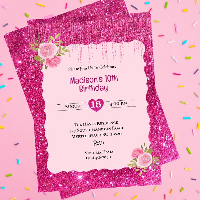 Invitación Chicas Purpurina rosado Floral 10 cumpleaños (Subido por el creador)