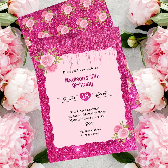 Invitación Chicas Purpurina rosado Floral 10 cumpleaños (Subido por el creador)