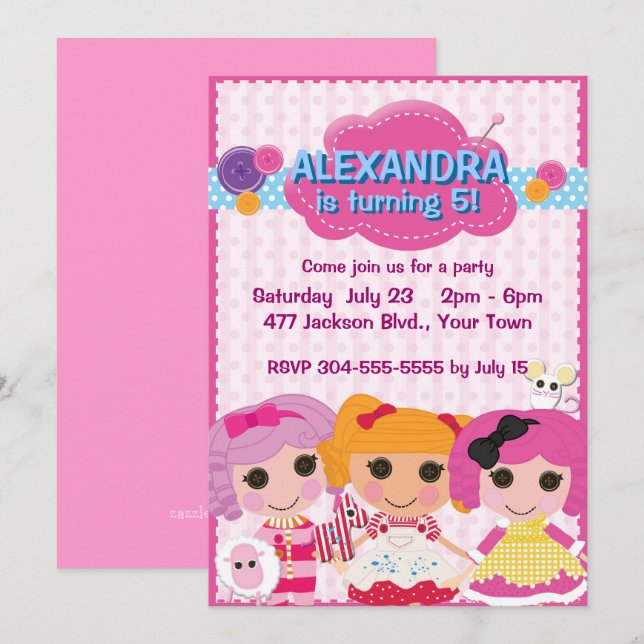 Invitación Chicas Rag Doll Fiesta de Cumpleaños (Anverso / Reverso)