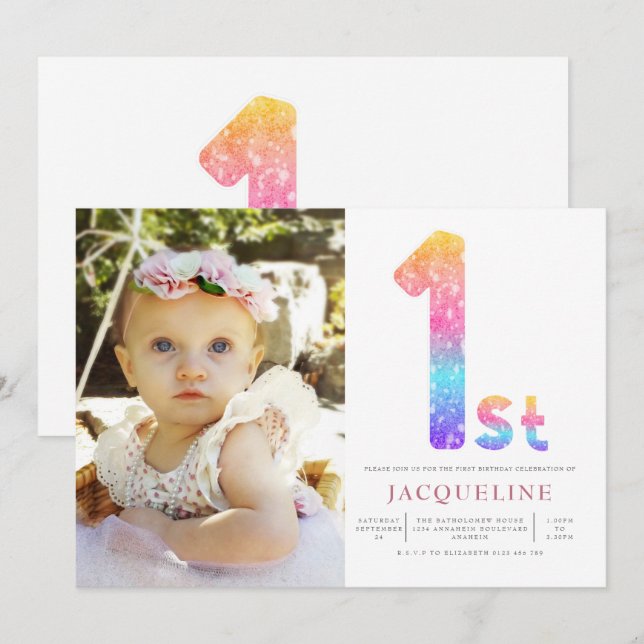 Invitación Chicas Rainbow 1er cumpleaños foto (Anverso / Reverso)