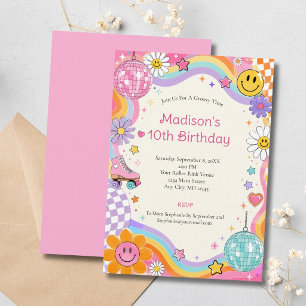 Invitación Chicas Retro Groovy Patinando Bola de Disco Cumple
