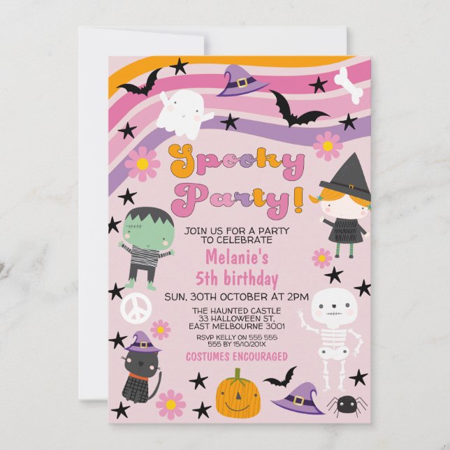 Invitación Chicas Retro Pooky Fiesta Halloween Cumpleaños (Anverso)
