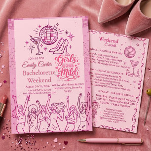 Invitación Chicas Retro Rosa Fuera de Control Fin de Semana d