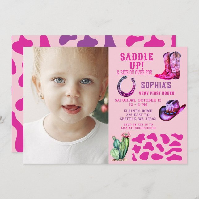Invitación Chicas rodeo-niña occidental rosa foto cumpleaños (Anverso / Reverso)