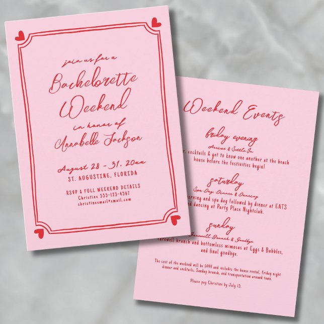 Invitación Chicas Rojos Y Rosa Fin De Semana Bachelorette Iti (Pink And Red Girls Weekend Itinerary Bachelorette Invitation)