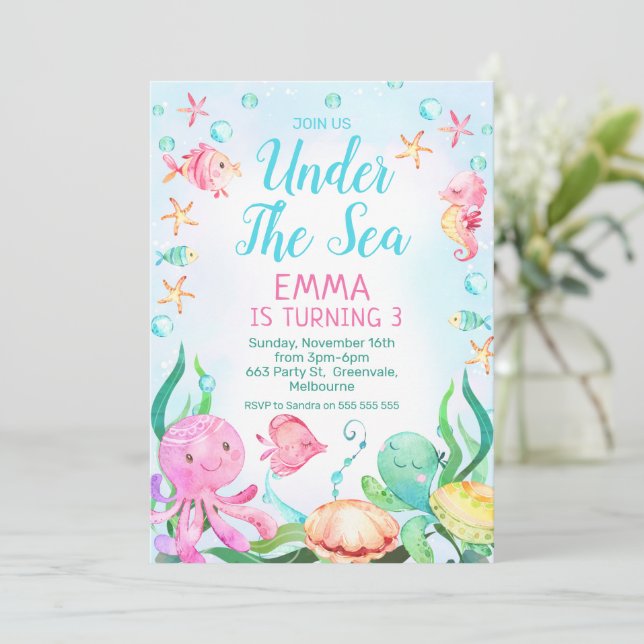 Invitación Chicas Rosa Azul Bajo El Mar Cumpleaños (Anverso de pie)
