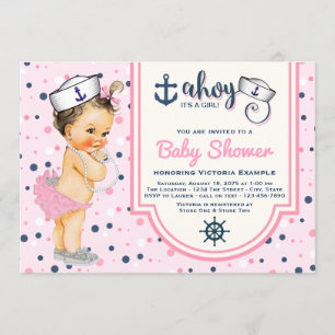 Invitación Chicas Rosa Azul Marino Baby Shower Náutico