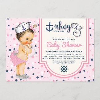 Invitación Chicas Rosa Azul Marino Baby Shower Náutico