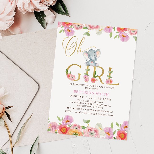 Invitación Chicas Rosa Floral Oh Elefante Baby Shower Inv (Oh Girl Elephant Baby Shower Invitation Template, Girl Elephant Baby Shower Invitation Card Floral)