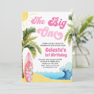 Invitación Chicas Rosa Moderno Ola de Surf Gran Uno Cumpleaño