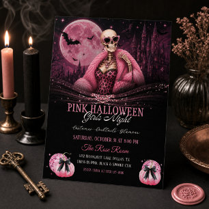 Invitación Chicas Rosa Noche de Halloween Glam Esqueleto 