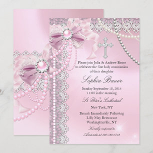 Invitación Chicas Rosa Pearl Bow Cruza Santa Comunión
