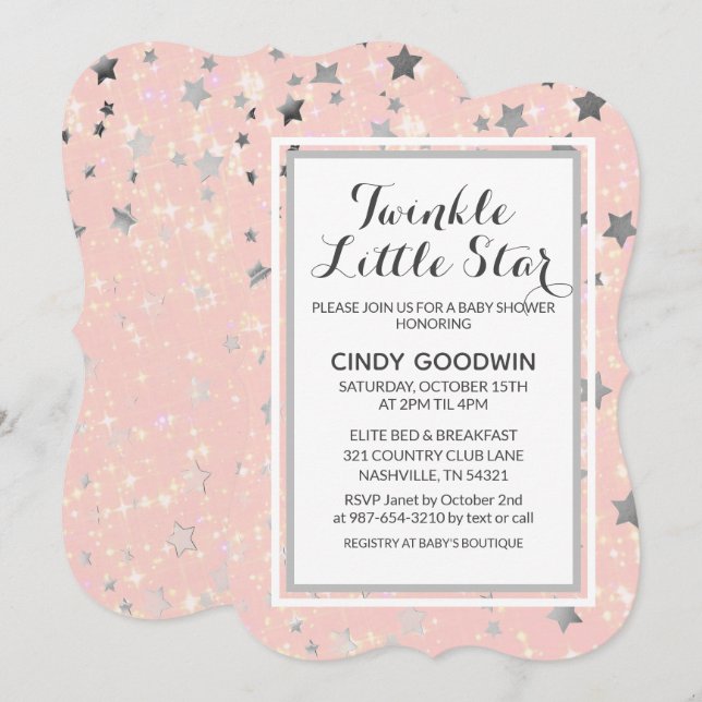 Invitación Chicas Rosa Twinkle Little Star Rubor Baby Shower (Anverso / Reverso)