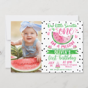 Invitación Chicas Rosa Verde Uno En Melón Foto Primer Cumplea
