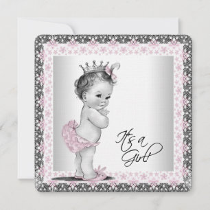 Invitación Chicas Rosa y Grey Linen Baby Shower