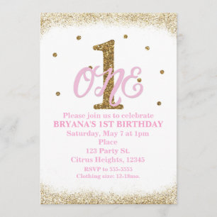 Invitación Chicas Rosa y Oro Primer Fiesta de cumpleaños