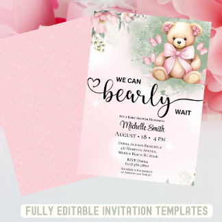 Invitación Chicas rosado Rubor Floral Teddy Bear Baby Shower