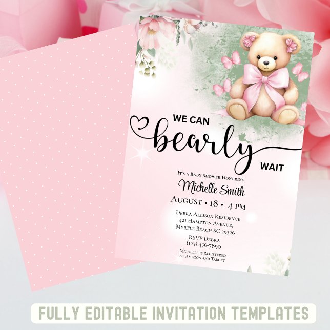 Invitación Chicas rosado Rubor Floral Teddy Bear Baby Shower (Subido por el creador)