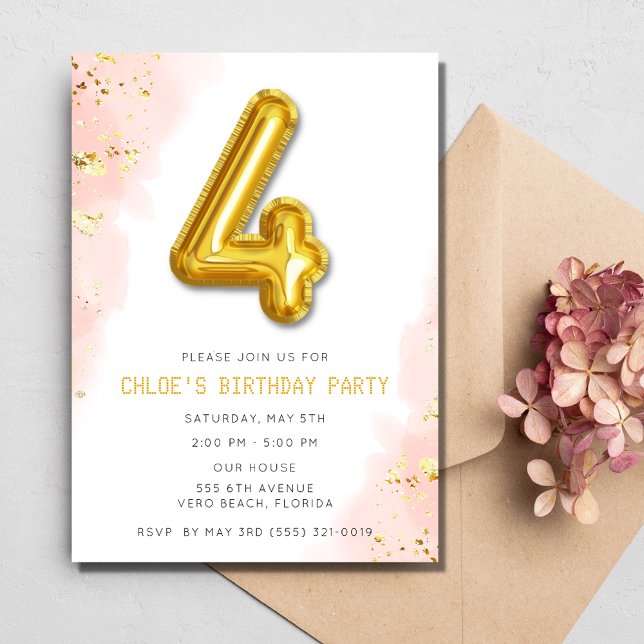 Invitación Chicas rosados 4.º Fiesta de globos de cumpleaños (Pink Girls 4th Birthday Balloon Party Invitation)