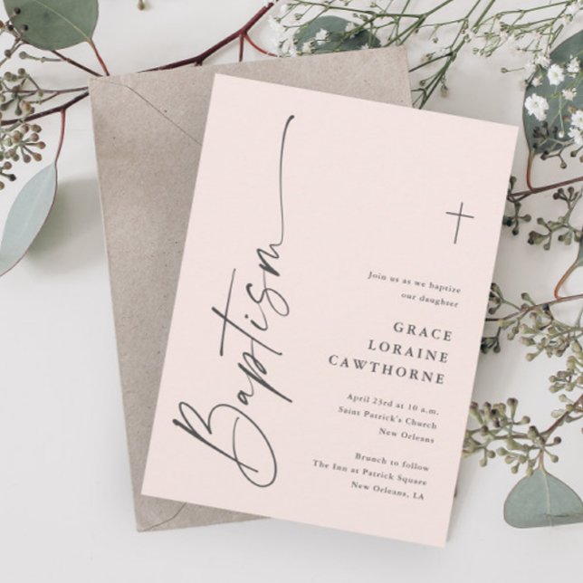 Invitación Chicas rosados con escritura elegante moderna baut (Modern Elegant Script Light Pink Girls Baptism Invitations.)