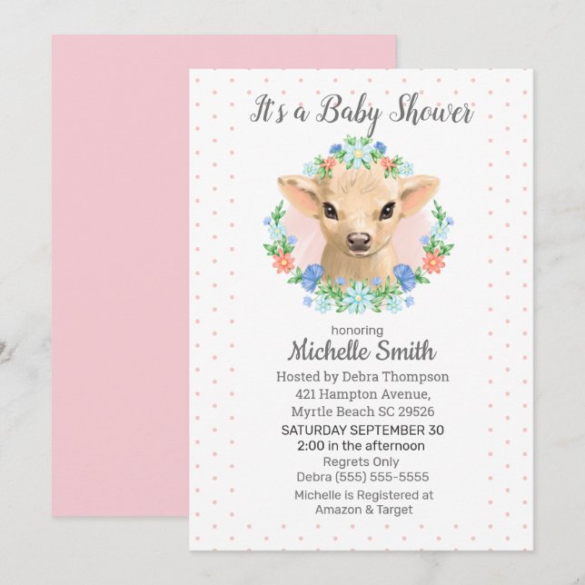 Invitación Chicas rosados de vaca cutánea Baby Shower floral (Anverso / Reverso)
