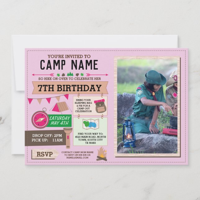 Invitación CHICAS rosados del campamento sacando foto del cum (Anverso)