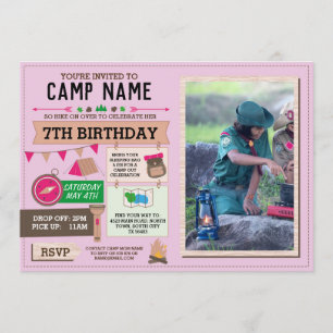 Invitación CHICAS rosados del campamento sacando foto del cum