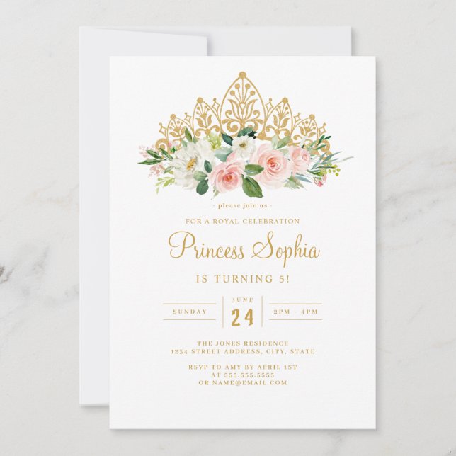 Invitación Chicas rosados dorados Princesa Floral Tiara Cumpl (Anverso)