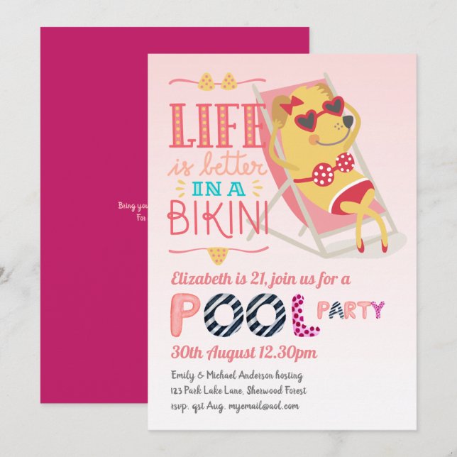 Invitación Chicas rosados en bikini FIESTA de la PISCINA Flam (Anverso / Reverso)