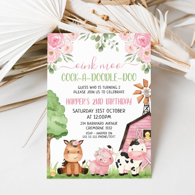 Invitación Chicas rosados Floral Barn Farm Animales Cumpleaño (Any age, oink moo pink farm birthday invitation with cute animals, pink barn and pink flowers.)