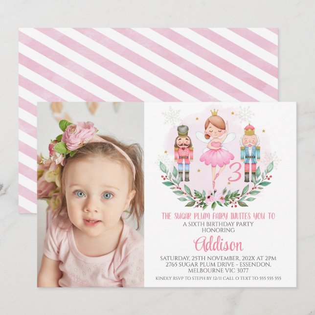 Invitación Chicas rosados Foto Cumpleaños de Azúcar Plum Fair (Anverso / Reverso)