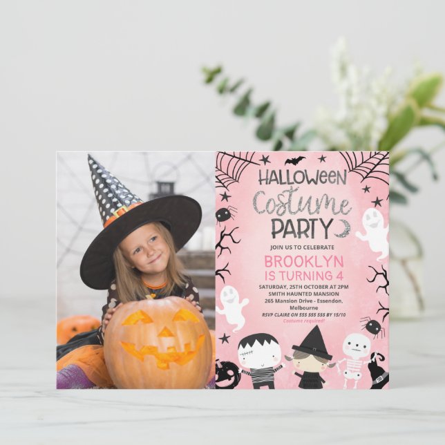 Invitación Chicas rosados Foto Fiesta de Halloween Cumpleaños (Anverso de pie)